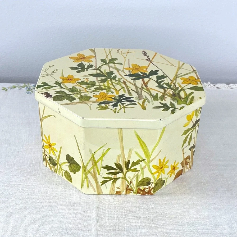 Vintage Ira Denmark Octagonal Metal Tin Yellow Wildflowers Botanical MCM Cream
